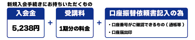 新規入会手続きにお持ちいただくもの 入会金5,238円＋受講料1期分の料金、口座振替依頼書記入の為 口座番号がご確認できるもの（通帳等）・口座届印